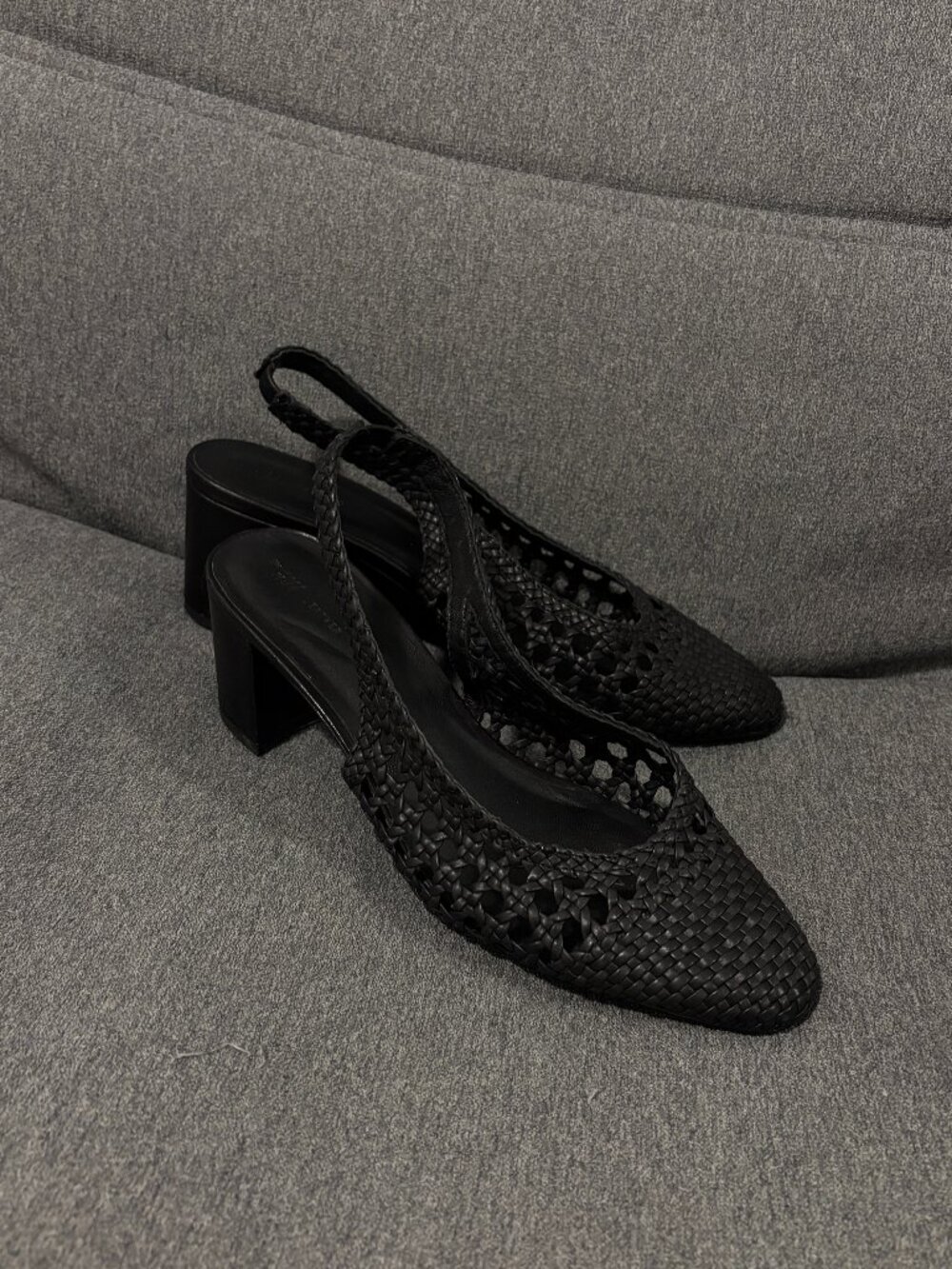 H&M PREMIUM Black Woven Leather Slingback Block Heels - Size 39 EU / 8.5 US